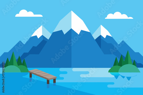 A simple cartoon illustration of a mountain lake with a dock vector illustration