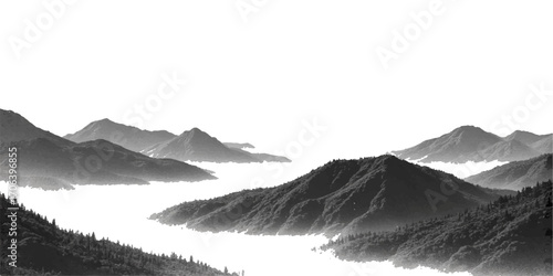 Winter landscapes featuring snow-capped mountain peaks piercing through the mist under a vast sky at sunrise