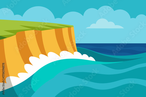 A cartoon illustration of an ocean cliff with waves crashing vector illustration