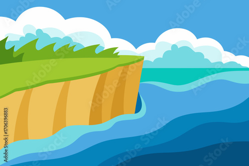 A dramatic cartoon scene of an ocean cliff with waves crashing vector illustration