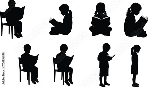 Children reading silhouette, black vector, book poses, educational theme, study concept, classroom activity, learning moment, student icons, reading, school
