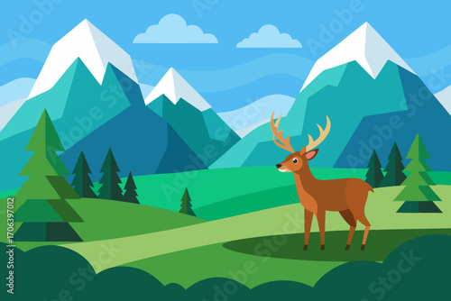 A cartoon illustration of a mountain meadow with deer vector illustration