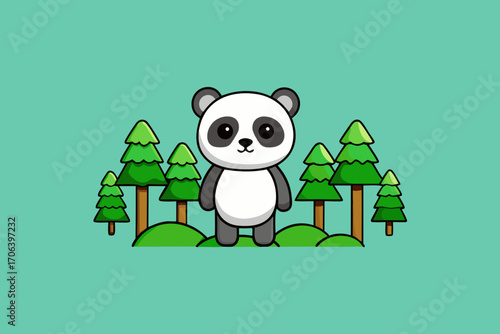 A beautiful cartoon landscape of a panda forest vector illustration
