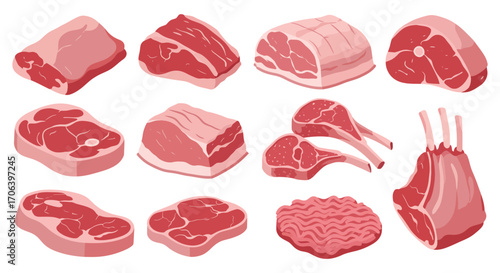 various cuts of fresh raw meat displayed neatly