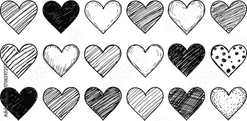 Hand drawn heart set, black and white sketch, romantic icons, love symbols, textured design, vector illustration, artistic pattern, doodle, valentine, emotion