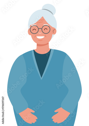 Smiling elderly woman with gray hair and glasses. Happy senior concept for health programs, retirement, and financial planning.