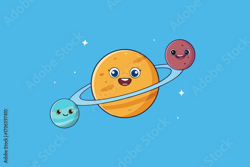 A cartoon illustration of outer space with smiling planets vector illustration