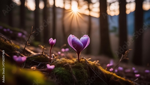 purple flowers in a forest that is shaped like a heart. For the love of nature. 