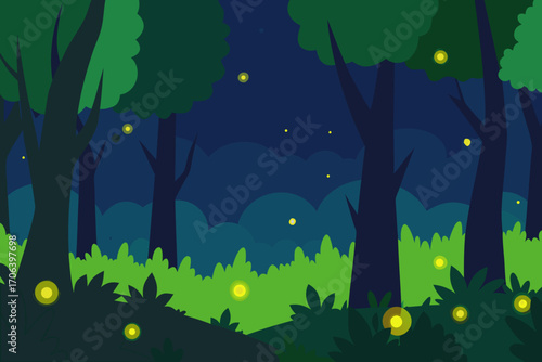 A cartoon night forest background with fireflies vector illustration