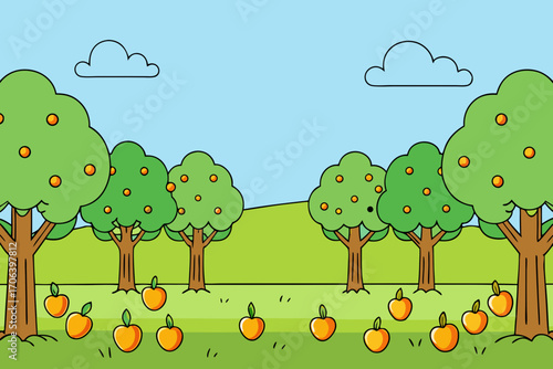 A simple cartoon background of an orchard with fruit trees vector illustration