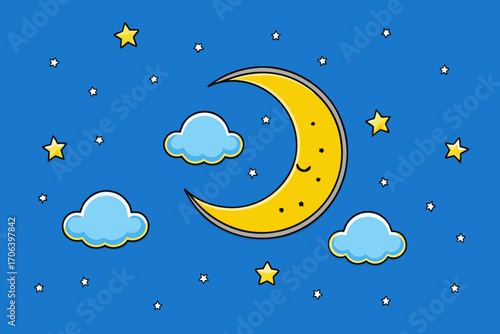 A simple cartoon background of a night sky with stars and a moon vector illustration