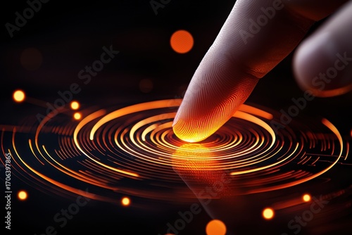 A close-up of a fingertip touching a glowing surface, creating concentric ripples of light and energy in vibrant orange tones.