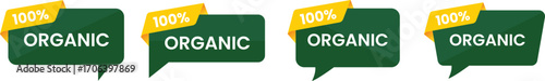 100 Percent Organic Label Green Badge Set. Healthy Natural Eco Friendly Product Certification Fresh Food Farming Market Packaging Banner Design Promo Use