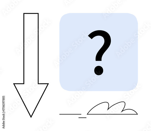 Downward arrow, large question mark in a blue square, and a minimalistic cloud. Ideal for themes of confusion, doubt, decision-making, problem-solving, guidance mystery or uncertainty. Simple flat