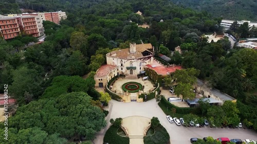 Aerial view of a historic mansion amidst lush trees, showcasing elegance