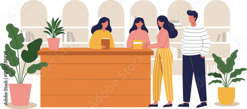 Library scene, book exchange, cartoon characters, indoor setting, educational concept, reading activity, vector illustration, cozy space, bookshelf, community interaction