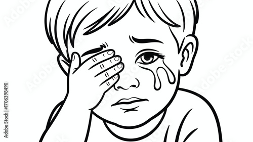 Upset young child crying with tears streaming down face covering eye with hand, needing comfort
