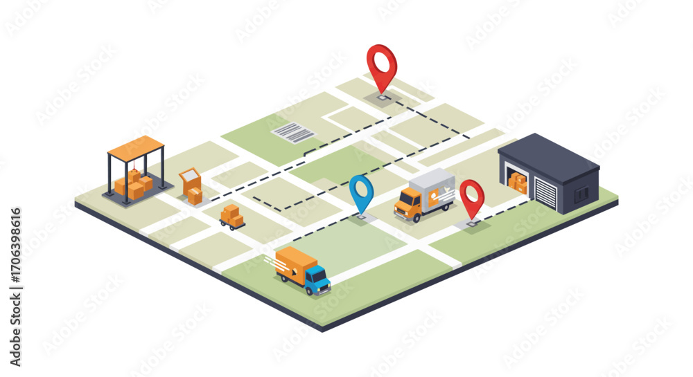 Fototapeta premium logistics hub with trucks containers and location markers