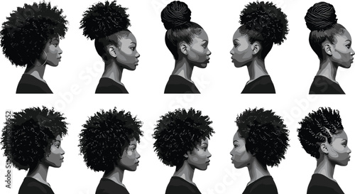 Hairstyle illustration set, black and white sketch, side profile, natural hair, braid, bun, afro, twist, texture, beauty, fashion