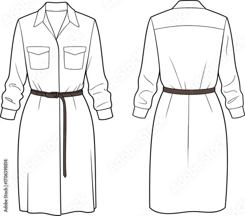 Shirt dress sketch, technical fashion illustration, front and back view, collared neckline, belted waist, long sleeves, vector, garment, sewing, design