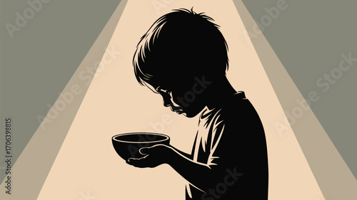 Vulnerable child holds empty bowl hoping for kindness and help with hunger in a powerful graphic