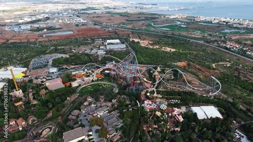 A Stunning Aerial View of a Portaventura Park Featuring a Thrilling Roller Coaster