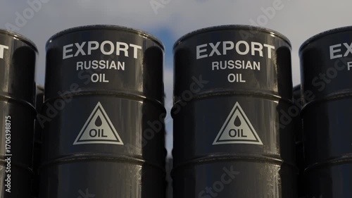 Detailed close-up of Russian oil barrels for export. Perfect loop animation for topics on energy, trade, sanctions, economy, fuel industry, and global markets.