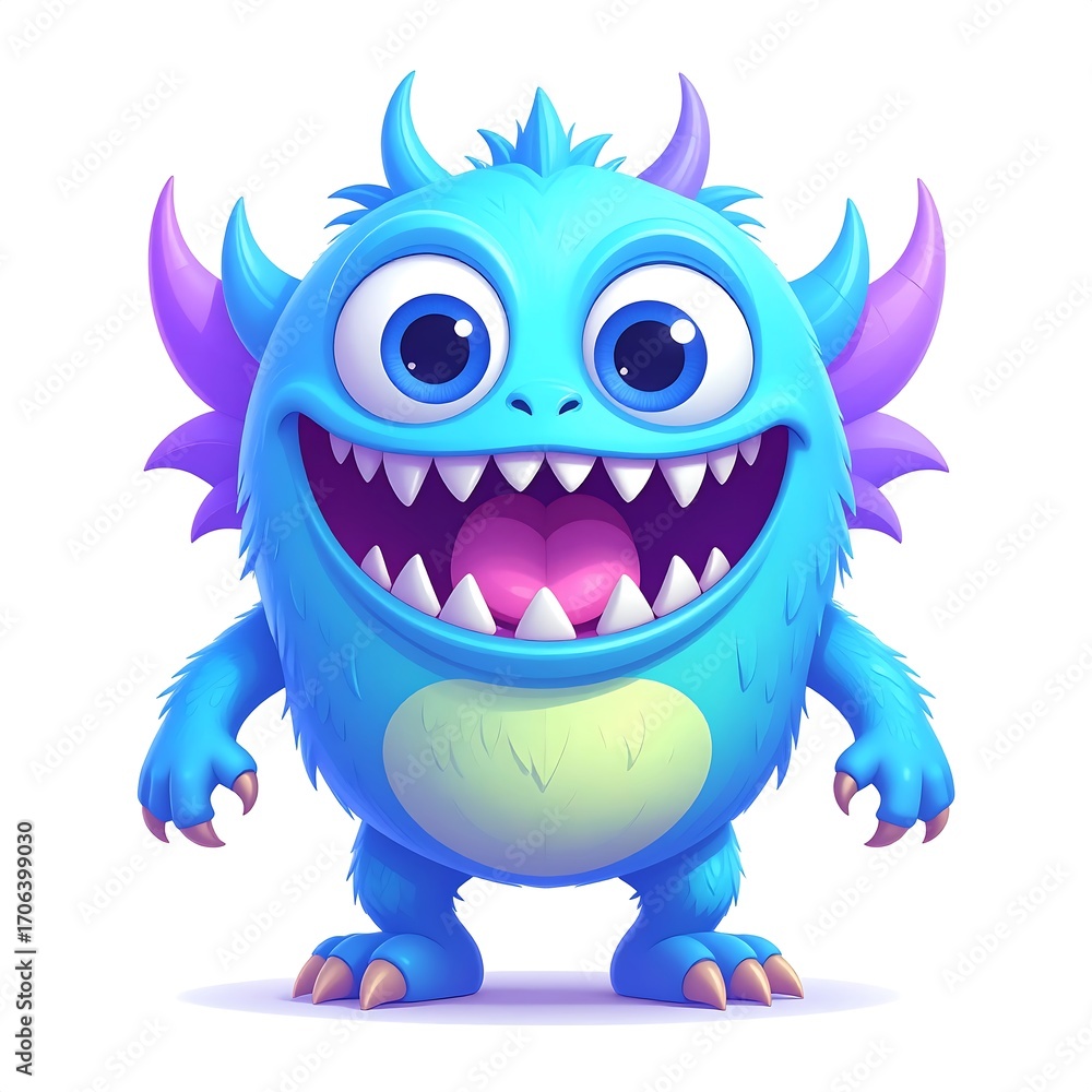 Fototapeta premium Cute blue monster smiling widely
