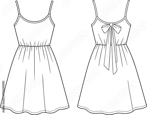 Sleeveless dress sketch, technical fashion illustration, front and back view, bow detail, gathered waist, flared skirt, vector, sewing, apparel, design