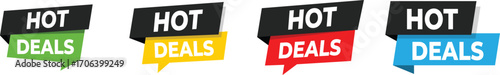 Hot Deals Colorful Banner Set. Green Yellow Red Blue Best Discounts Special Shopping Offers Big Savings Limited Time Promotion Ecommerce Store Retail Ads Use