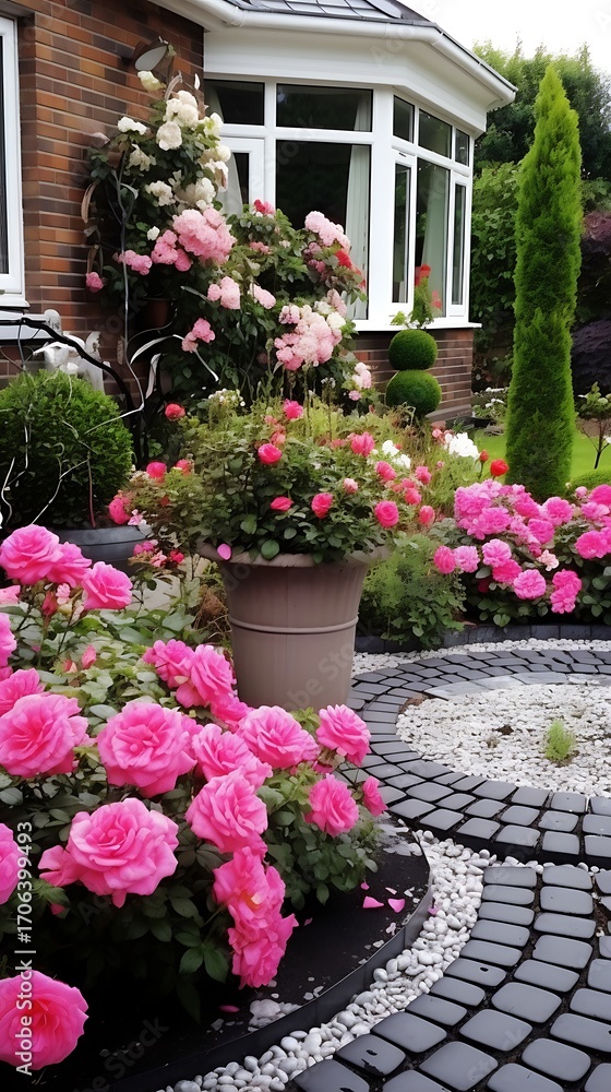 Fototapeta premium Lush rose garden surrounding a home, showcasing vibrant pink blooms and manicured green spaces