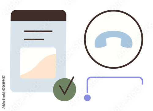 Minimal flat design of document, phone receiver, checkmark, and connecting line. Ideal for communication, productivity, business, technology task management workflow collaborative tools. Simple