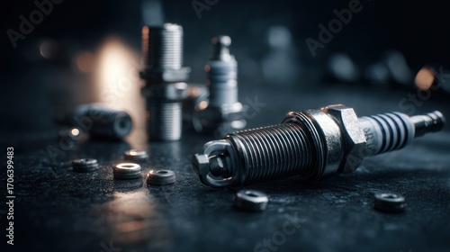 Close-up of car spark plugs and washers on a dark surface with moody lighting