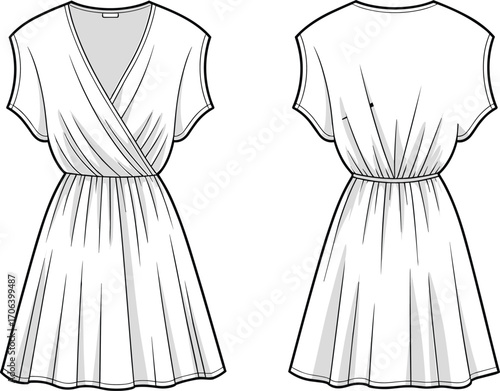 Technical fashion sketch, women’s dress design, front and back view, wrap bodice, pleated skirt, vector illustration, garment, sewing, apparel, silhouette