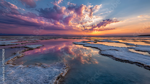 The sun sets over the dead sea, casting a warm glow on the salt formations and reflecting in the calm water, creating a serene and picturesque scene