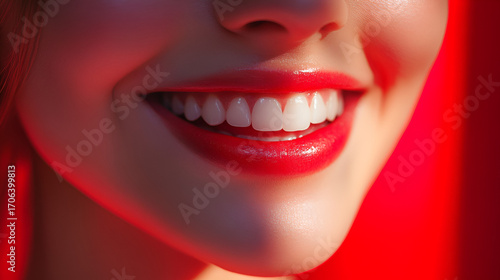 A beautiful feminine smile, a beautiful smile with lipstick. A woman's smile.