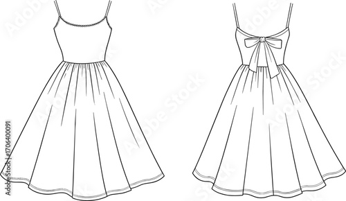 Women’s dress sketch, technical fashion illustration, front and back view, bow detail, fitted bodice, flared skirt, vector, sewing, apparel, design