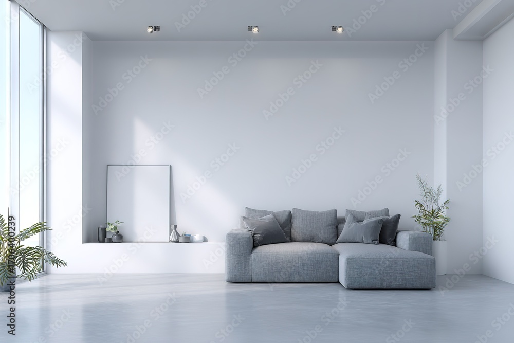 Fototapeta premium Modern living room design featuring a gray sofa and minimalist decor with natural light streaming in