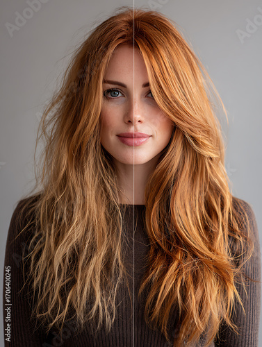 Wavy to smooth long hairstyle makeover, redhead woman in warm lighting, natural studio portrait with side by side comparison, high detail fashion hair transformation
