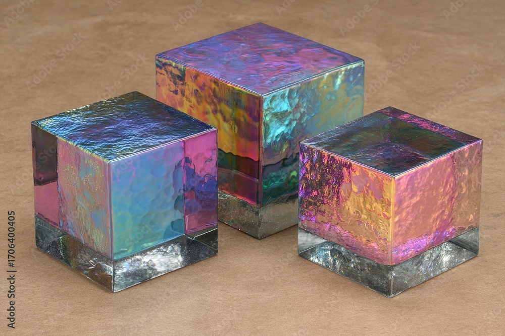 Obraz premium Colorful translucent glass cubes with reflective surfaces displayed on a neutral background