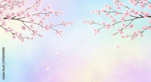 Soft pink cherry blossoms gently falling against a pastel sky