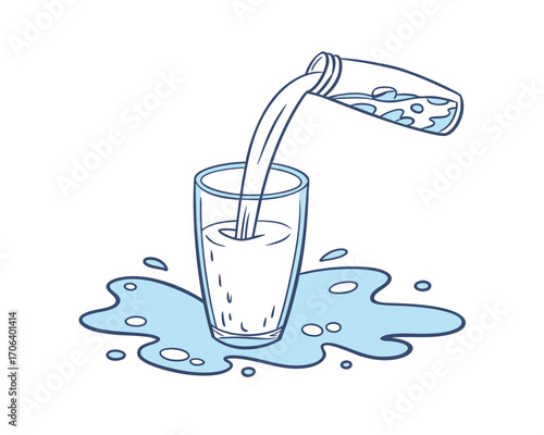 Water pouring from a bottle into a glass overflowing onto a white background freshness and hydration theme illustration graphic