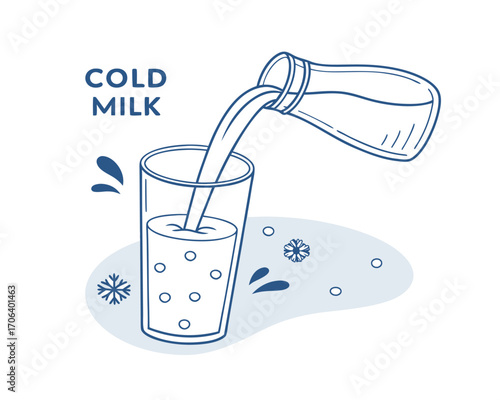 Refreshing Cold Milk Being Poured into a Glass from a Bottle Cartoon Style Illustration Fresh and Healthy Beverage Concept
