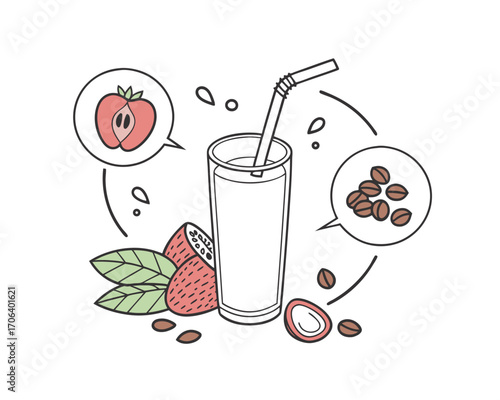 Delicious Fruit and Coffee Smoothie Illustration with Apple Strawberry and Beans Elements for Healthy Eating and Lifestyle Design Concept