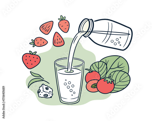Pouring Milk into Glass with Strawberries Tomatoes Spinach and Cheese Illustration for Healthy Lifestyle