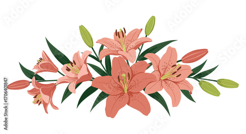a bouquet of pink lilies with green leaves and buds