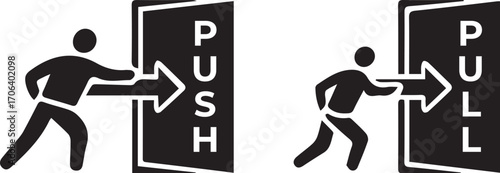 Minimal black vector illustration on a pure white background.  two icons one for "PUSH" and one for "PULL"