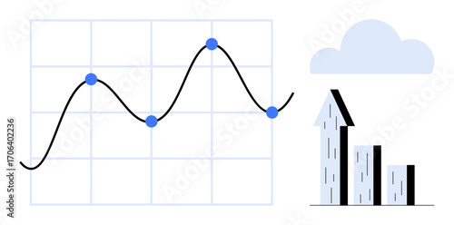 Line graph with data points beside a rising bar chart and cloud. Ideal for analytics, performance, business growth, finance, market trends, forecasting, simple landing page