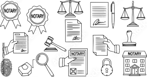 Notary Service Doodle Set – Hand-Drawn Vector Illustrations of Legal Documents, Stamps, Signatures, Pens, and Notary Tools, Business and Office Concept Icons, Isolated Objects on White Background