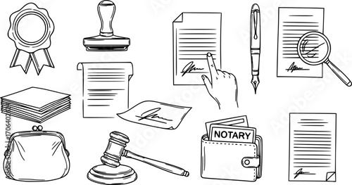 Notary Service Doodle Set – Hand-Drawn Vector Illustrations of Legal Documents, Stamps, Signatures, Pens, and Notary Tools, Business and Office Concept Icons, Isolated Objects on White Background